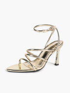 Gold Metallic Open Toe Flared Stiletto Heels Multi‑Strap Ankle Strap Sandals Party Evening Shoes