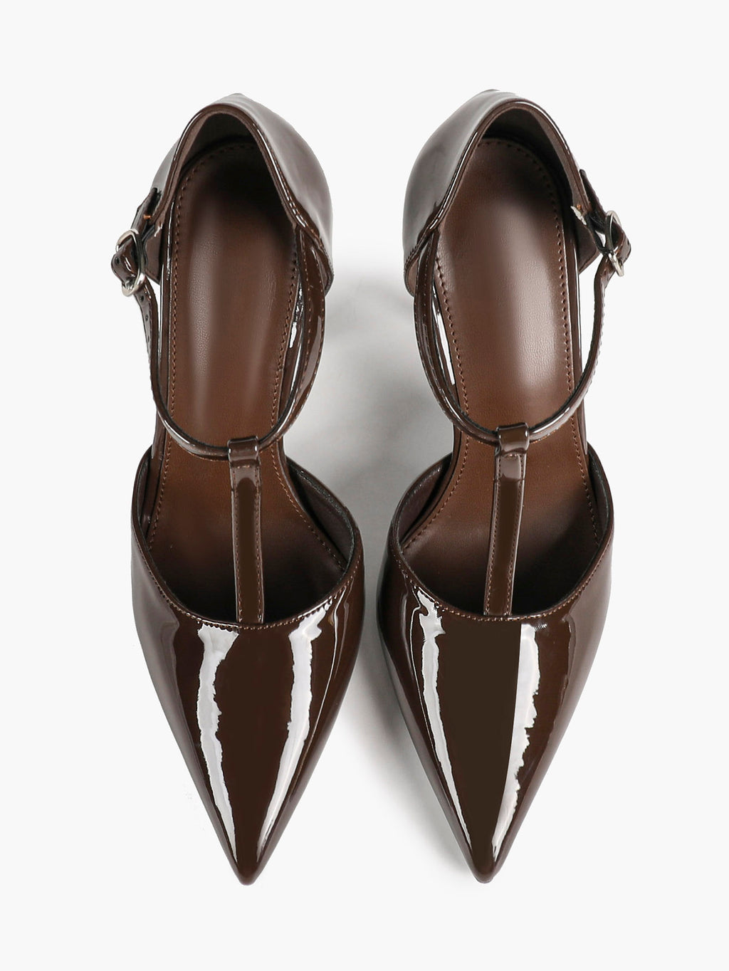 T‑Strap Ankle Strap Heels Pointed Toe Stiletto Shoes with Gold Buckle Wedding Party Office