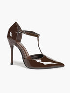 T‑Strap Ankle Strap Heels Pointed Toe Stiletto Shoes with Gold Buckle Wedding Party Office