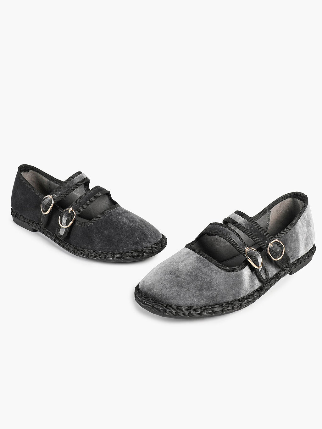 Women's Black Velvet Double-Strap Mary Jane Flats Pointed Toe Slip On Shoes Casual Shoes ISHIFIVAN