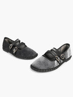 Women's Black Velvet Double-Strap Mary Jane Flats Pointed Toe Slip On Shoes Casual Shoes ISHIFIVAN