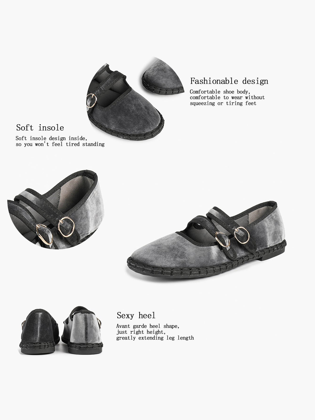 Women's Black Velvet Double-Strap Mary Jane Flats Pointed Toe Slip On Shoes Casual Shoes ISHIFIVAN