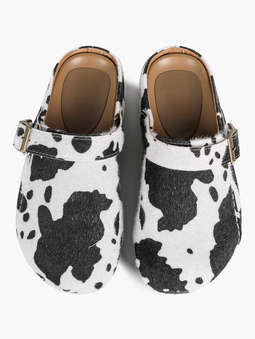Women's Cow Print Faux Fur Clogs Adjustable Buckle Casual Slip-On Birkenstock-Style Shoes