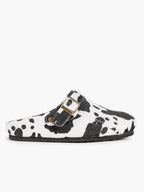 Women's Cow Print Faux Fur Clogs Adjustable Buckle Casual Slip-On Birkenstock-Style Shoes