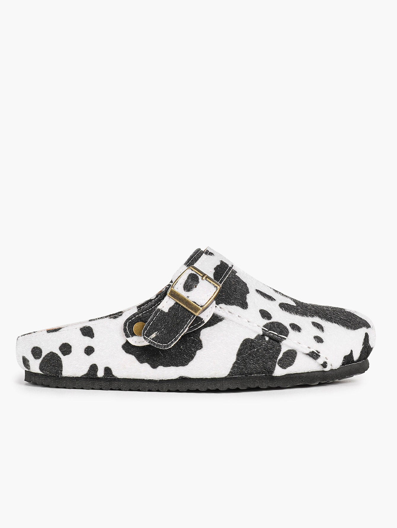 Women's Cow Print Faux Fur Clogs Adjustable Buckle Casual Slip-On Birkenstock-Style Shoes