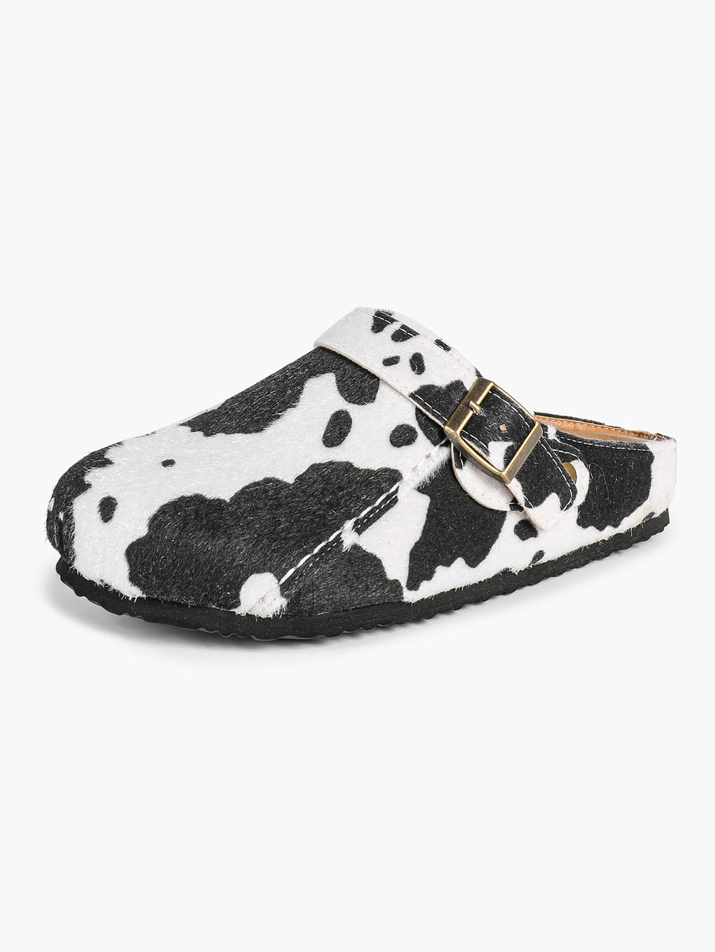 Women's Cow Print Faux Fur Clogs Adjustable Buckle Casual Slip-On Birkenstock-Style Shoes