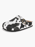 Women's Cow Print Faux Fur Clogs Adjustable Buckle Casual Slip-On Birkenstock-Style Shoes