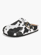 Women's Cow Print Faux Fur Clogs Adjustable Buckle Casual Slip-On Birkenstock-Style Shoes