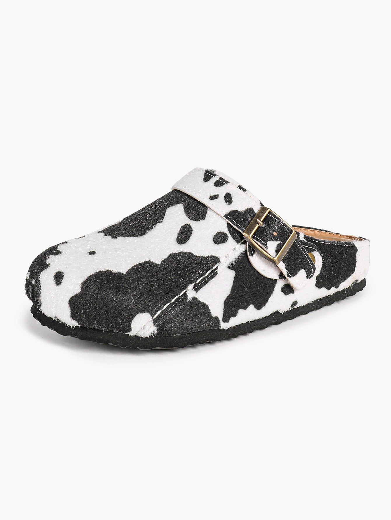 Women's Cow Print Faux Fur Clogs Adjustable Buckle Casual Slip-On Birkenstock-Style Shoes