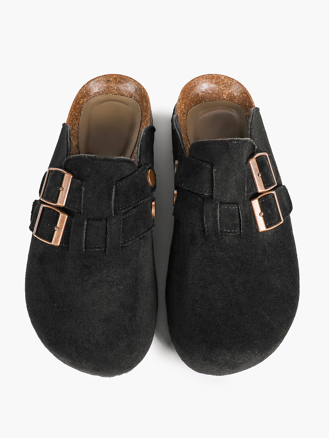 Black Suede Double Buckle Clogs Adjustable Casual Slip-On Birkenstock-Style Shoes