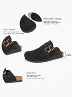 Black Suede Double Buckle Clogs Adjustable Casual Slip-On Birkenstock-Style Shoes