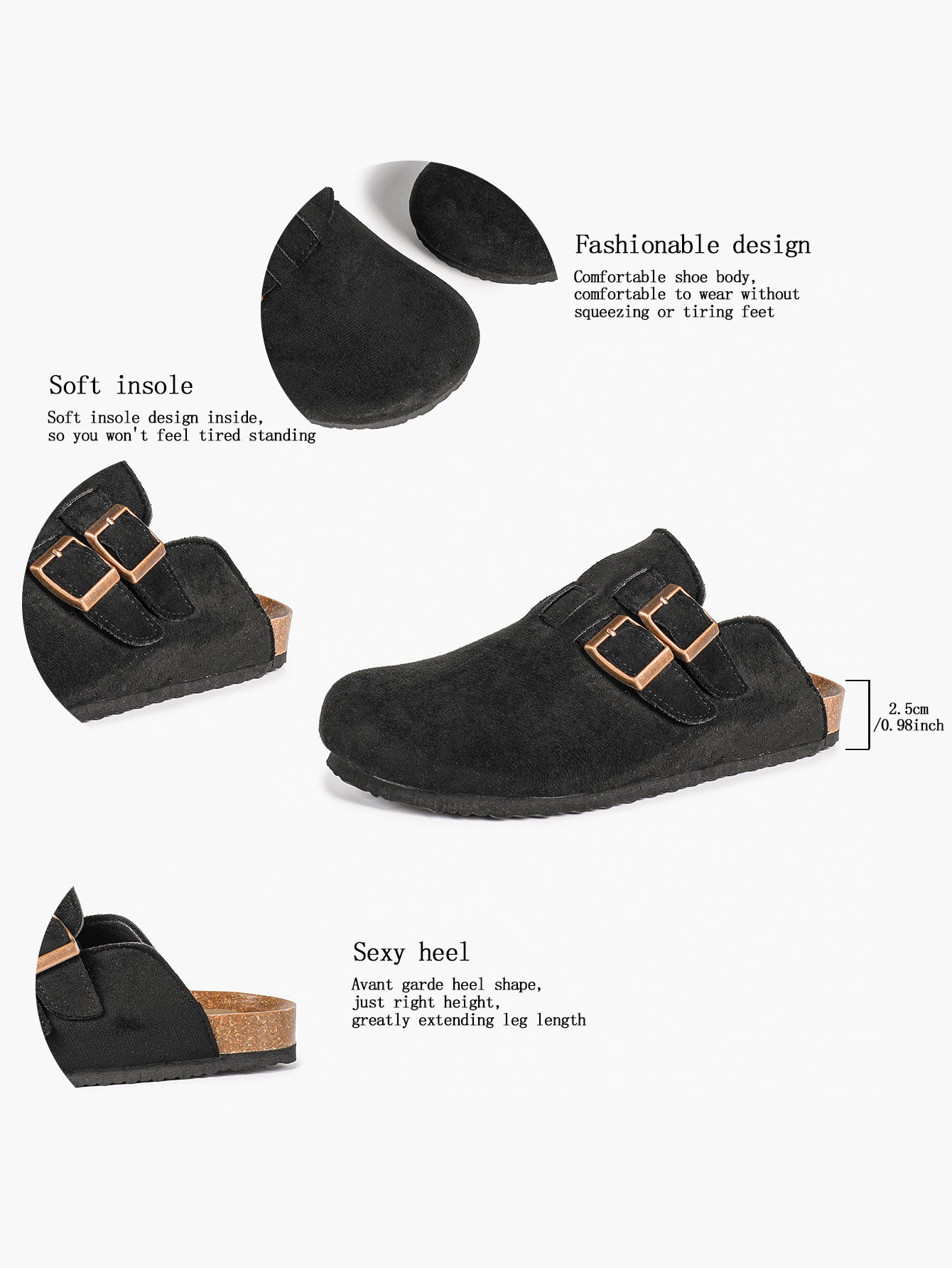 Black Suede Double Buckle Clogs Adjustable Casual Slip-On Birkenstock-Style Shoes