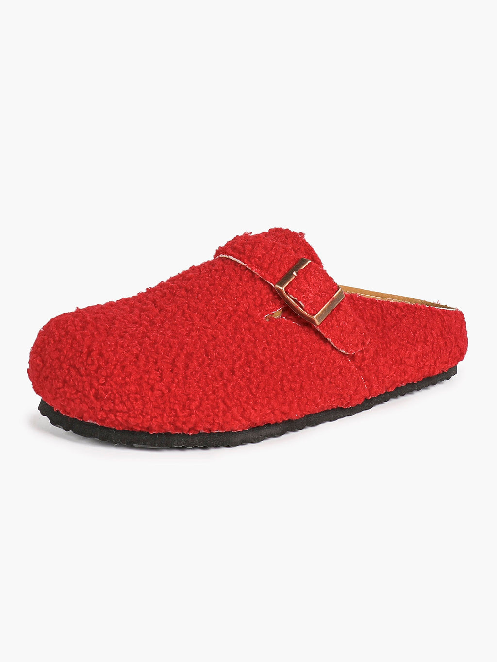 Women's Fuzzy Felt Clogs Adjustable Buckle Slip-On Mules Flat Shoes for Indoor, Outdoor Casual Wear