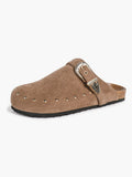 Women's Western Studded Suede Clogs Adjustable Ornate Buckle Slip-On Mules Casual Streetwear Shoes