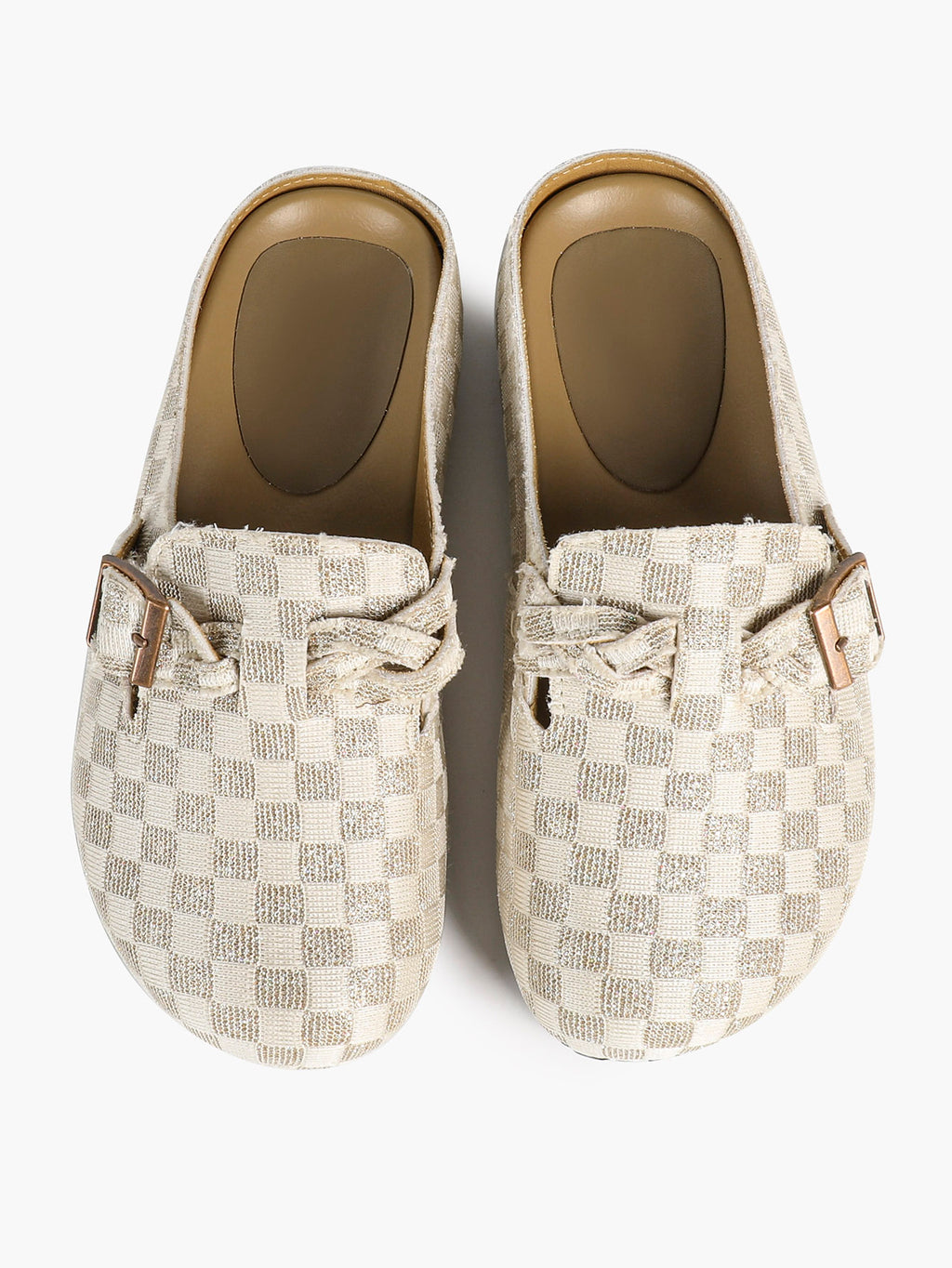 Beige Checkered Fabric Clogs Adjustable Buckle Casual Slip-On Birkenstock-Style Shoes