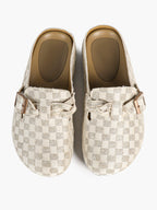 Beige Checkered Fabric Clogs Adjustable Buckle Casual Slip-On Birkenstock-Style Shoes