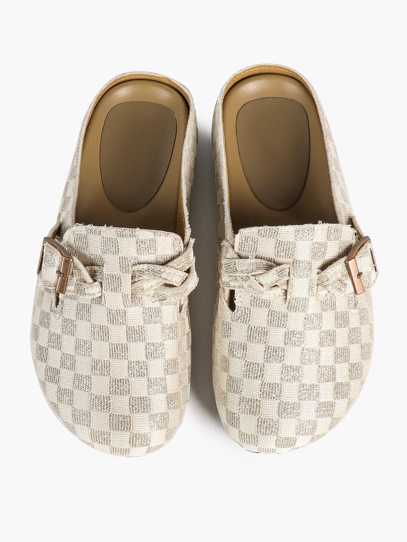 Beige Checkered Fabric Clogs Adjustable Buckle Casual Slip-On Birkenstock-Style Shoes