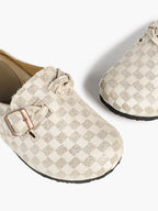 Beige Checkered Fabric Clogs Adjustable Buckle Casual Slip-On Birkenstock-Style Shoes