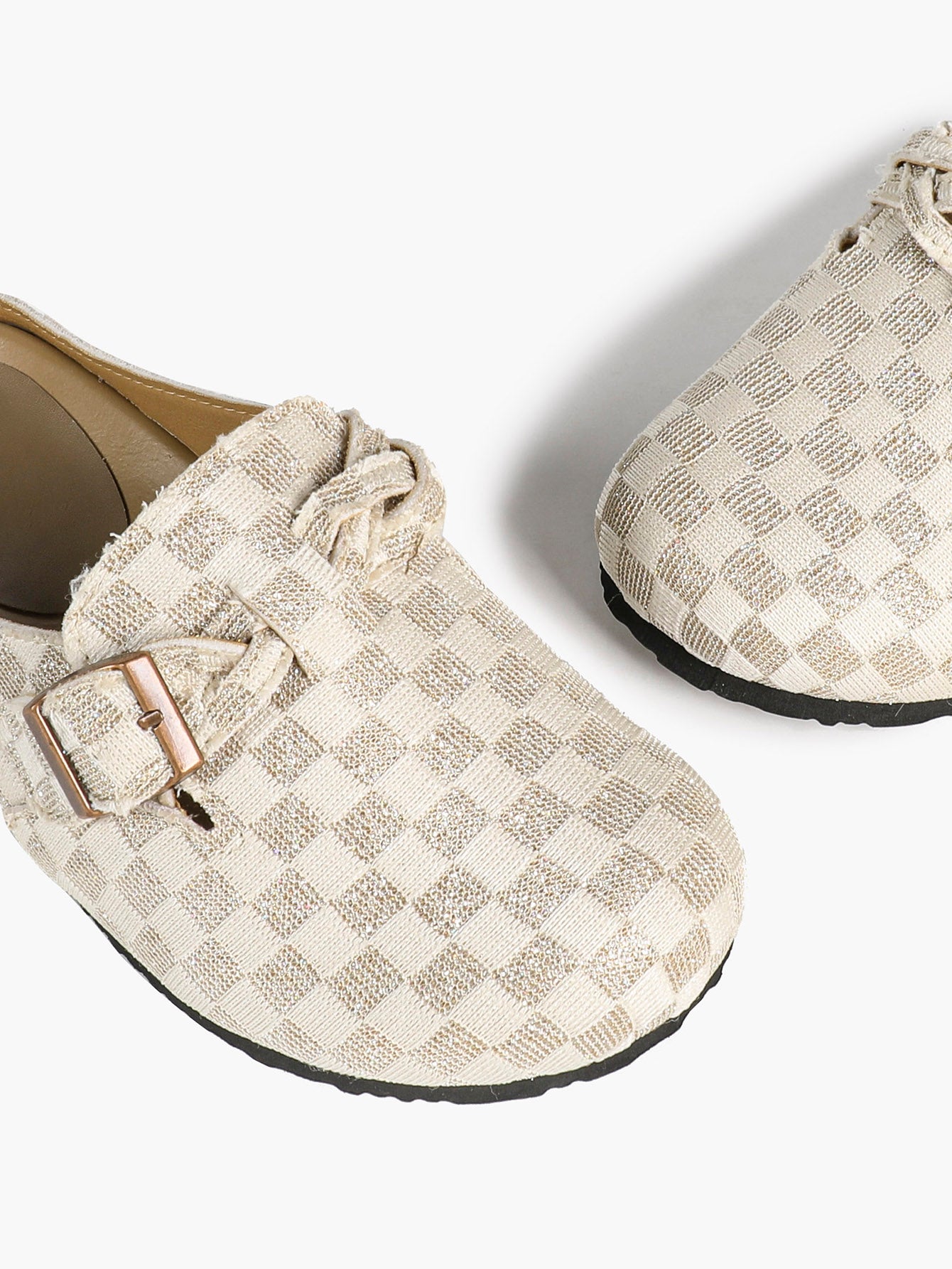 Beige Checkered Fabric Clogs Adjustable Buckle Casual Slip-On Birkenstock-Style Shoes