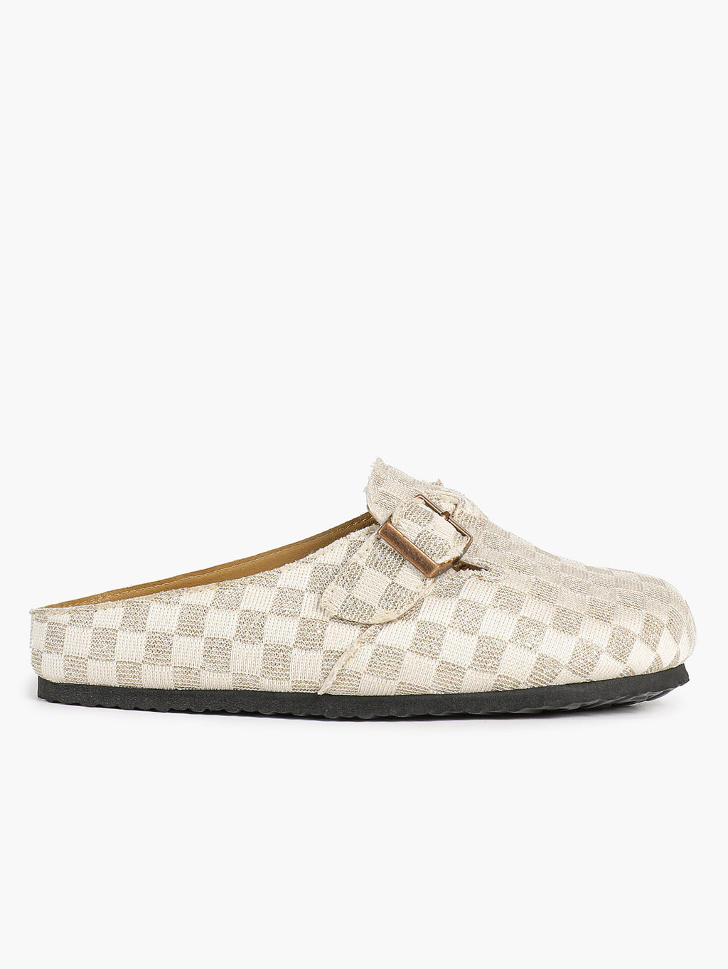 Beige Checkered Fabric Clogs Adjustable Buckle Casual Slip-On Birkenstock-Style Shoes