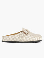 Beige Checkered Fabric Clogs Adjustable Buckle Casual Slip-On Birkenstock-Style Shoes