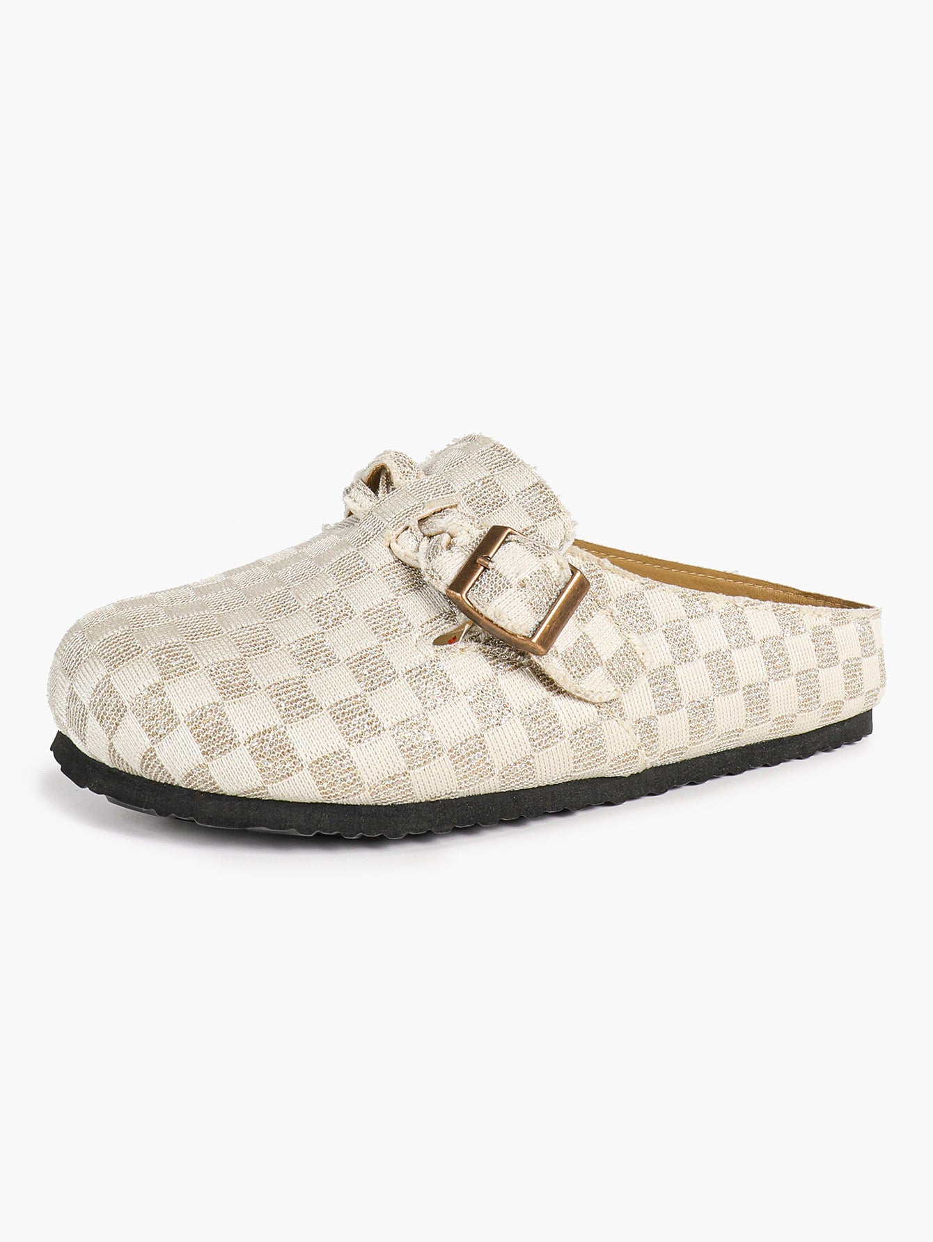 Beige Checkered Fabric Clogs Adjustable Buckle Casual Slip-On Birkenstock-Style Shoes
