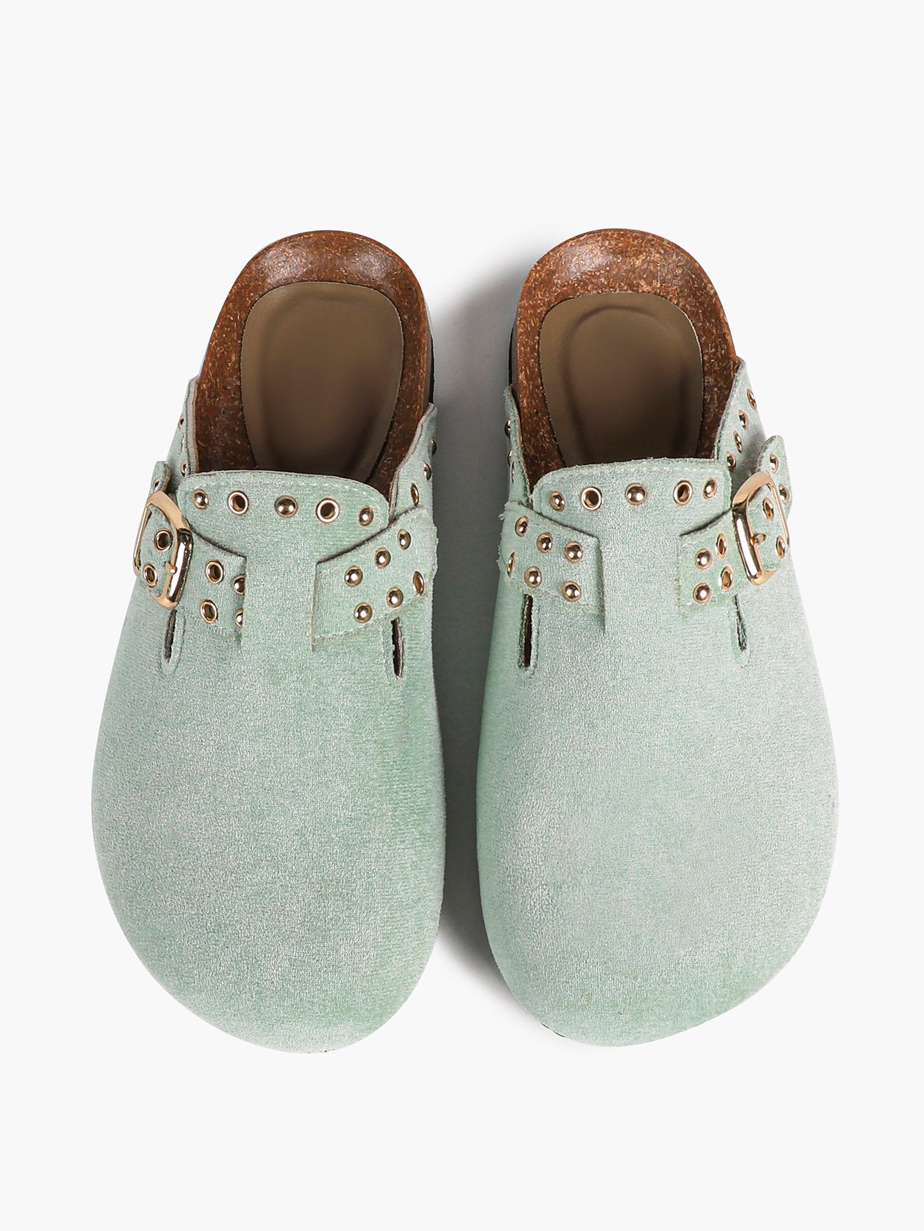 Mint Green Suede Studded Clogs Adjustable Buckle Casual Slip-On Shoes