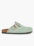 Mint Green Suede Studded Clogs Adjustable Buckle Casual Slip-On Shoes