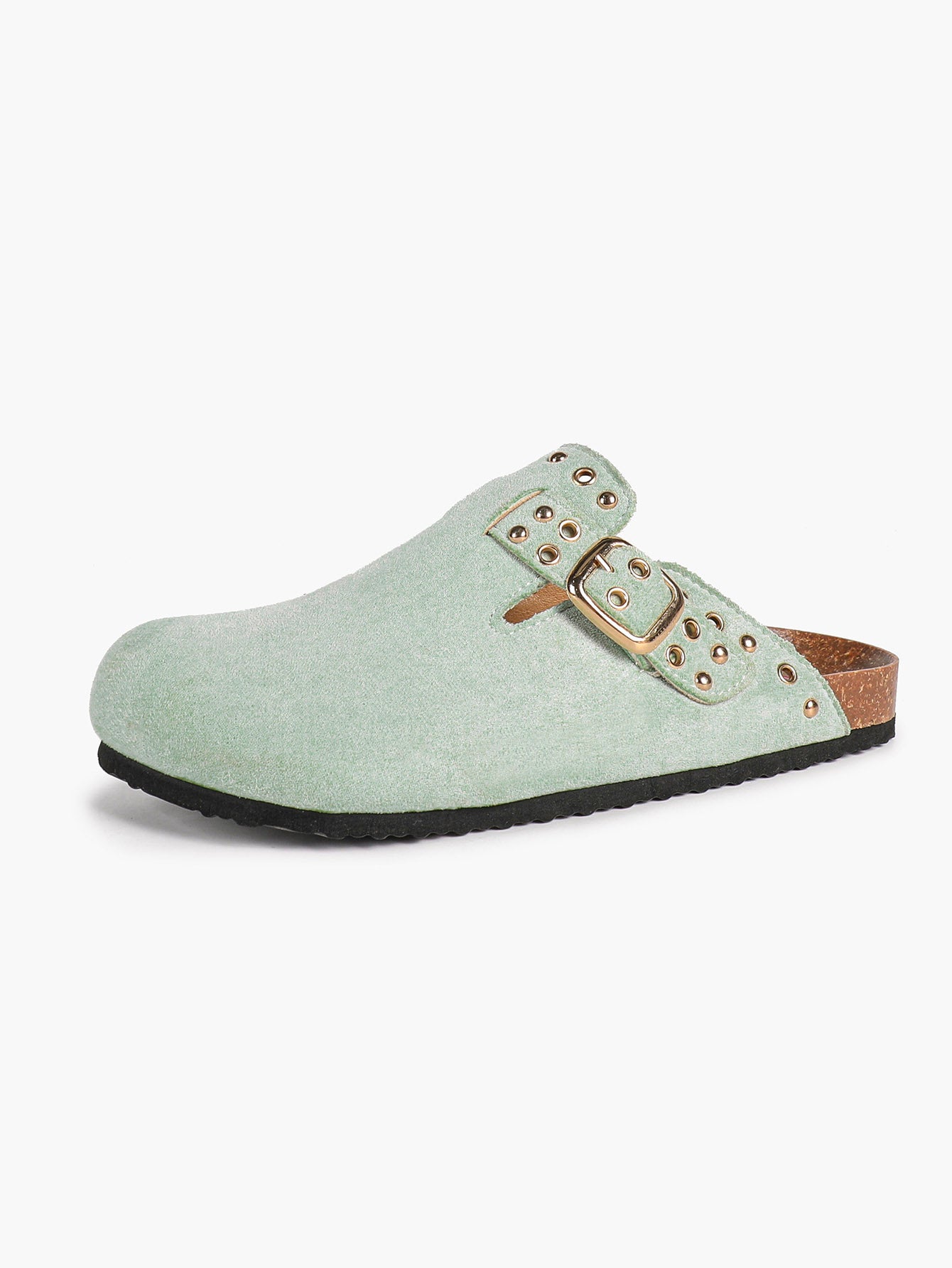 Mint Green Suede Studded Clogs Adjustable Buckle Casual Slip-On Shoes