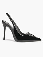 White Patent Leather Bow Slingback Heels Pointed Toe Stilettos Bridal Office