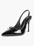 White Patent Leather Bow Slingback Heels Pointed Toe Stilettos Bridal Office