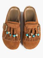 Women's Green Suede Tassel Bead Clogs Adjustable Buckle Casual Slip-On Birkenstock-Style Shoes