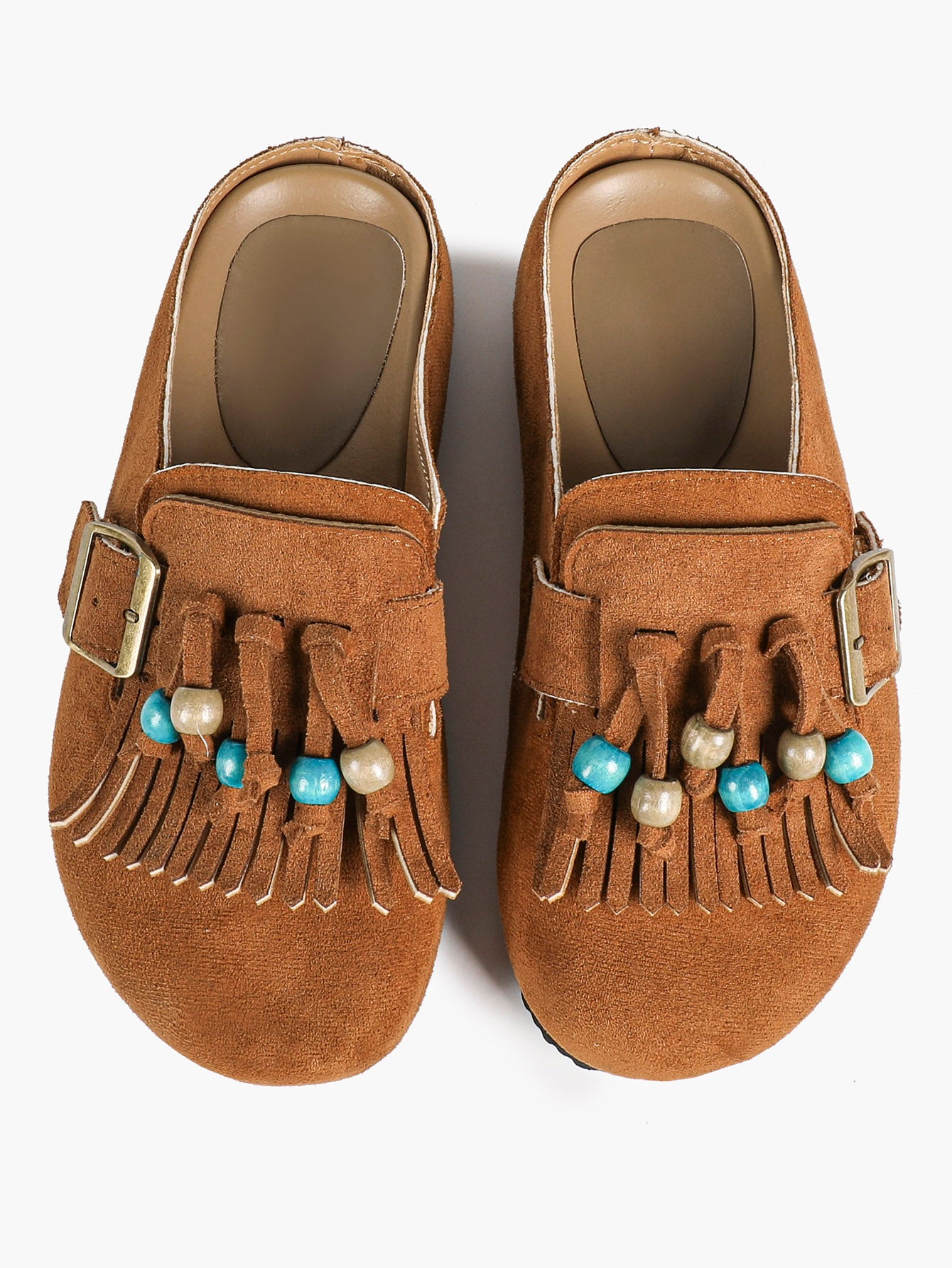 Women's Green Suede Tassel Bead Clogs Adjustable Buckle Casual Slip-On Birkenstock-Style Shoes