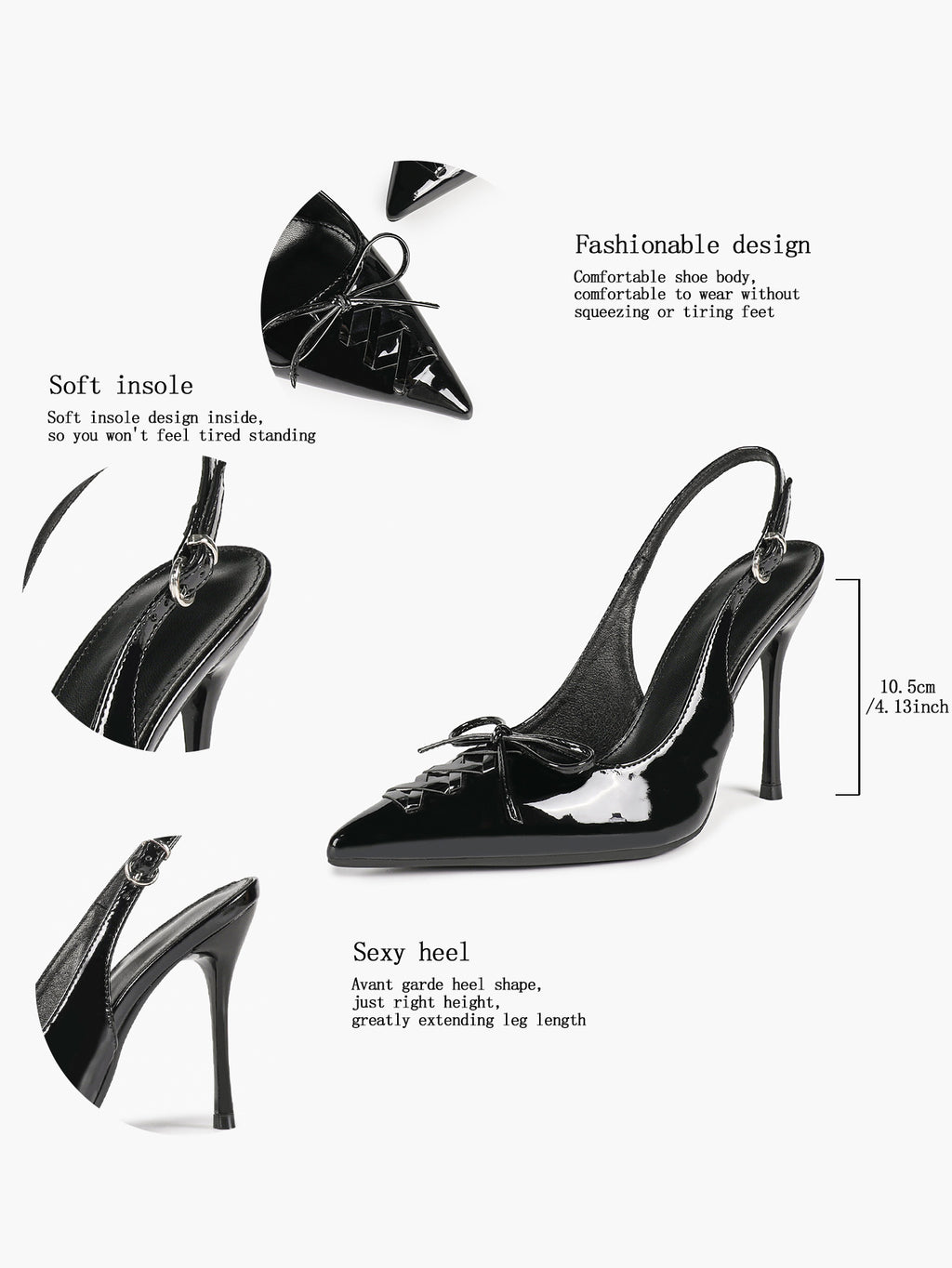 White Patent Leather Bow Slingback Heels Pointed Toe Stilettos Bridal Office