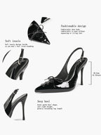 White Patent Leather Bow Slingback Heels Pointed Toe Stilettos Bridal Office