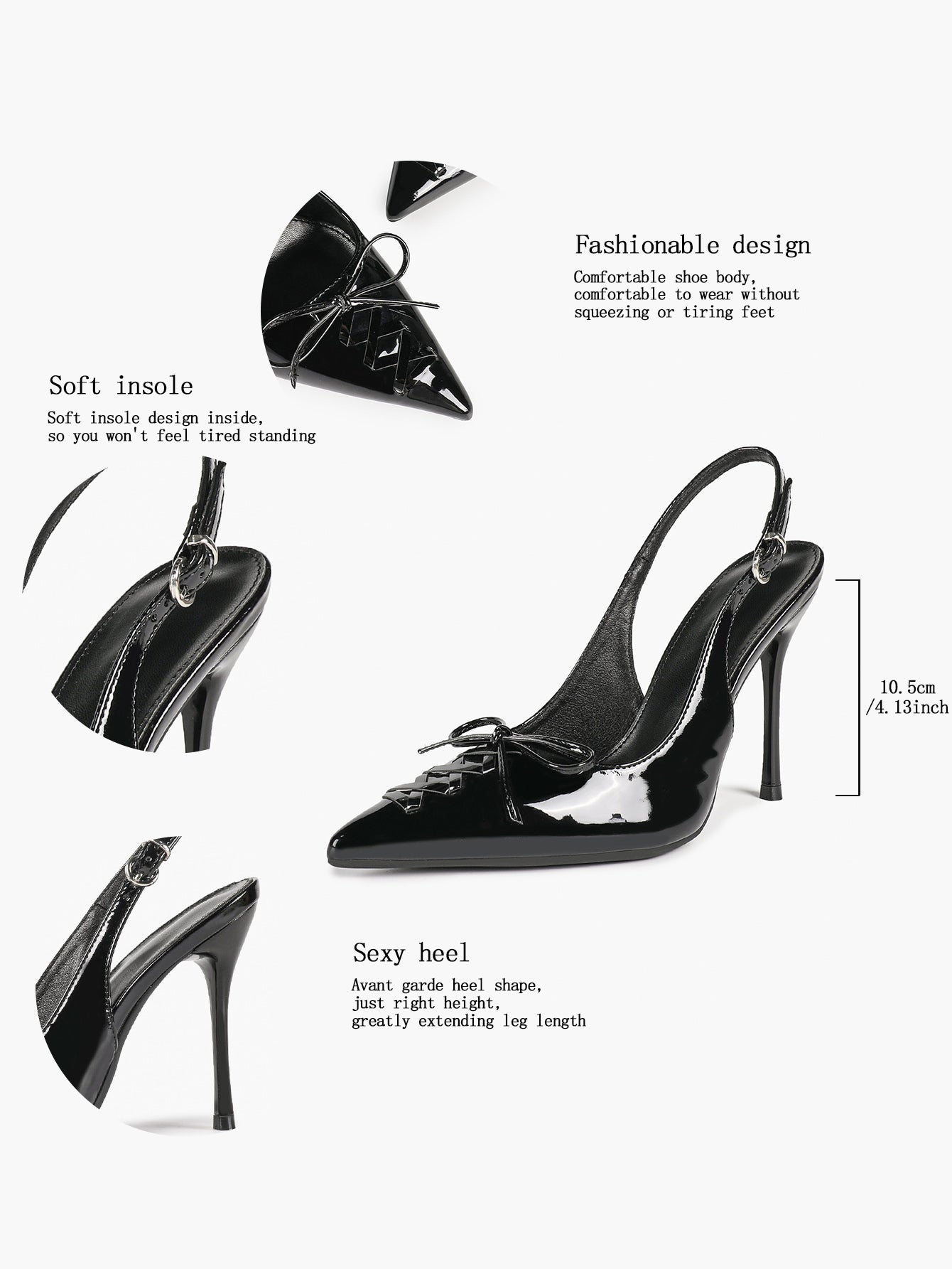 White Patent Leather Bow Slingback Heels Pointed Toe Stilettos Bridal Office