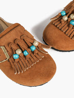 Women's Green Suede Tassel Bead Clogs Adjustable Buckle Casual Slip-On Birkenstock-Style Shoes