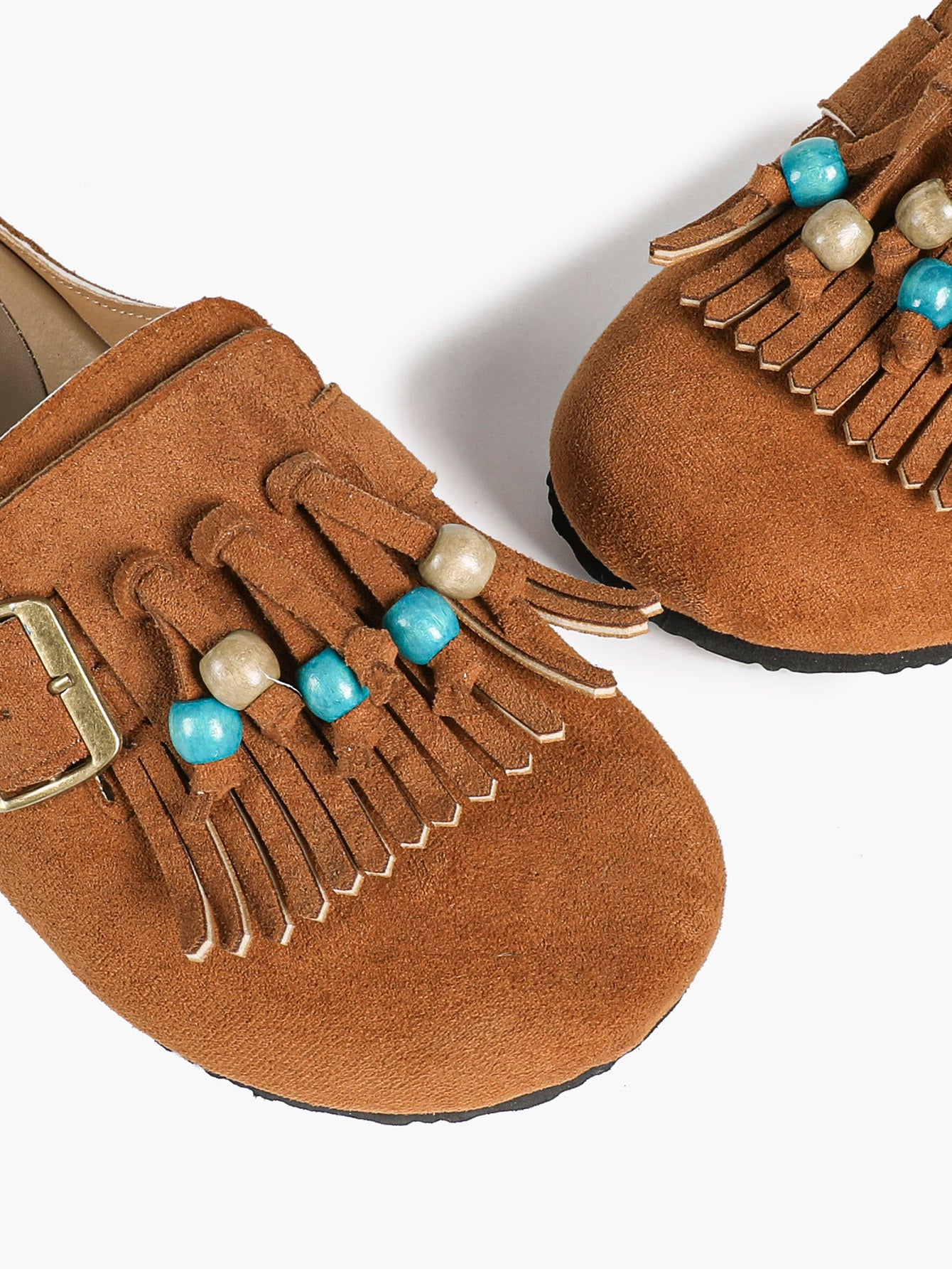 Women's Green Suede Tassel Bead Clogs Adjustable Buckle Casual Slip-On Birkenstock-Style Shoes