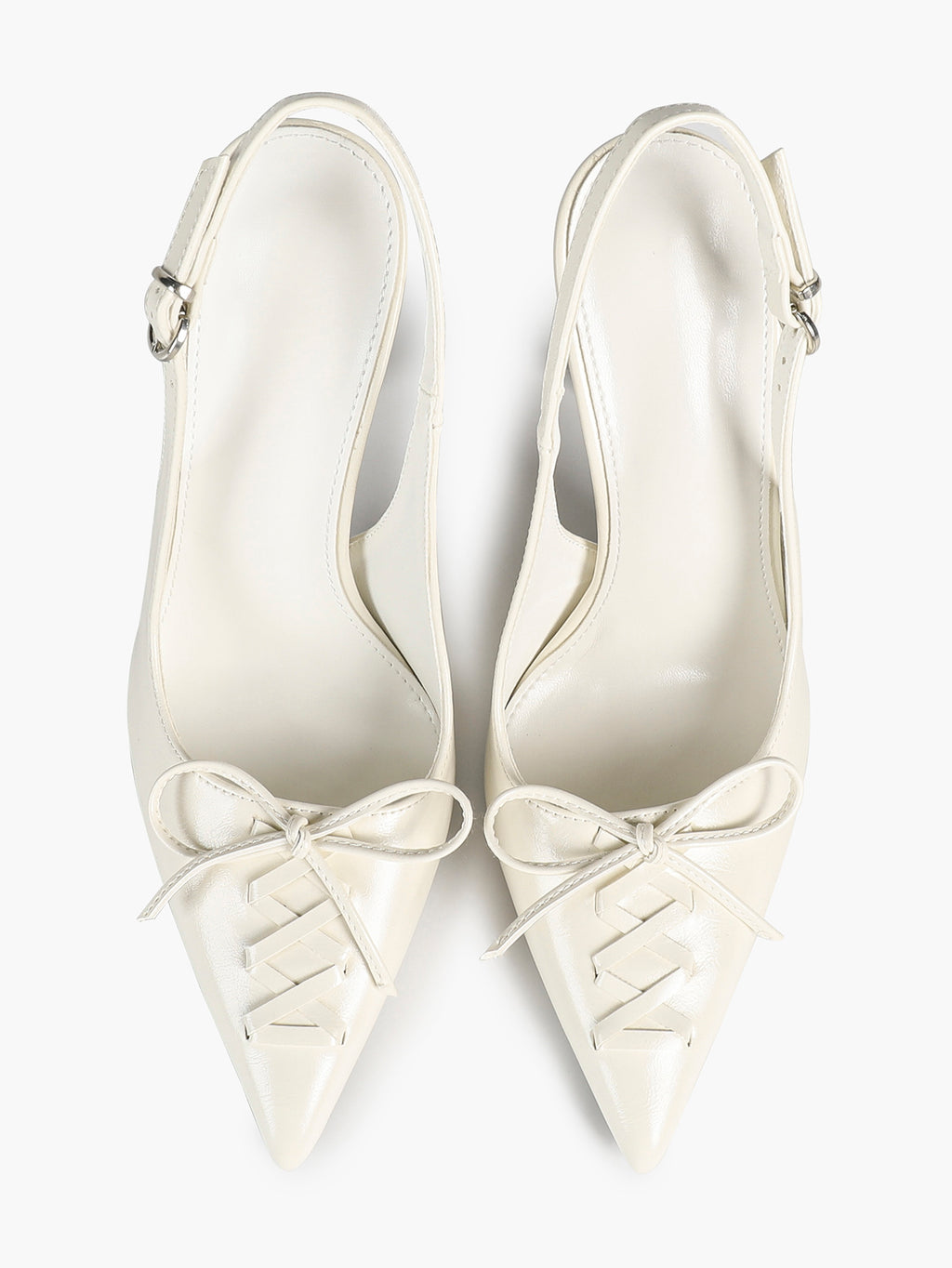 White Patent Leather Bow Slingback Heels Pointed Toe Stilettos Bridal Office