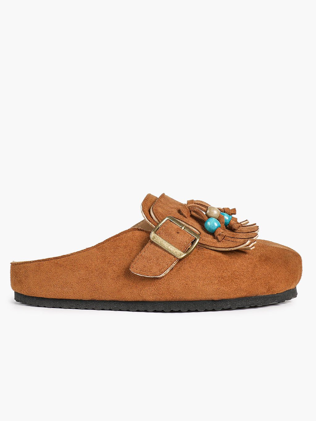 Women's Green Suede Tassel Bead Clogs Adjustable Buckle Casual Slip-On Birkenstock-Style Shoes