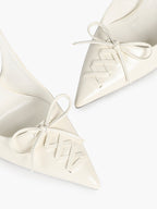 White Patent Leather Bow Slingback Heels Pointed Toe Stilettos Bridal Office