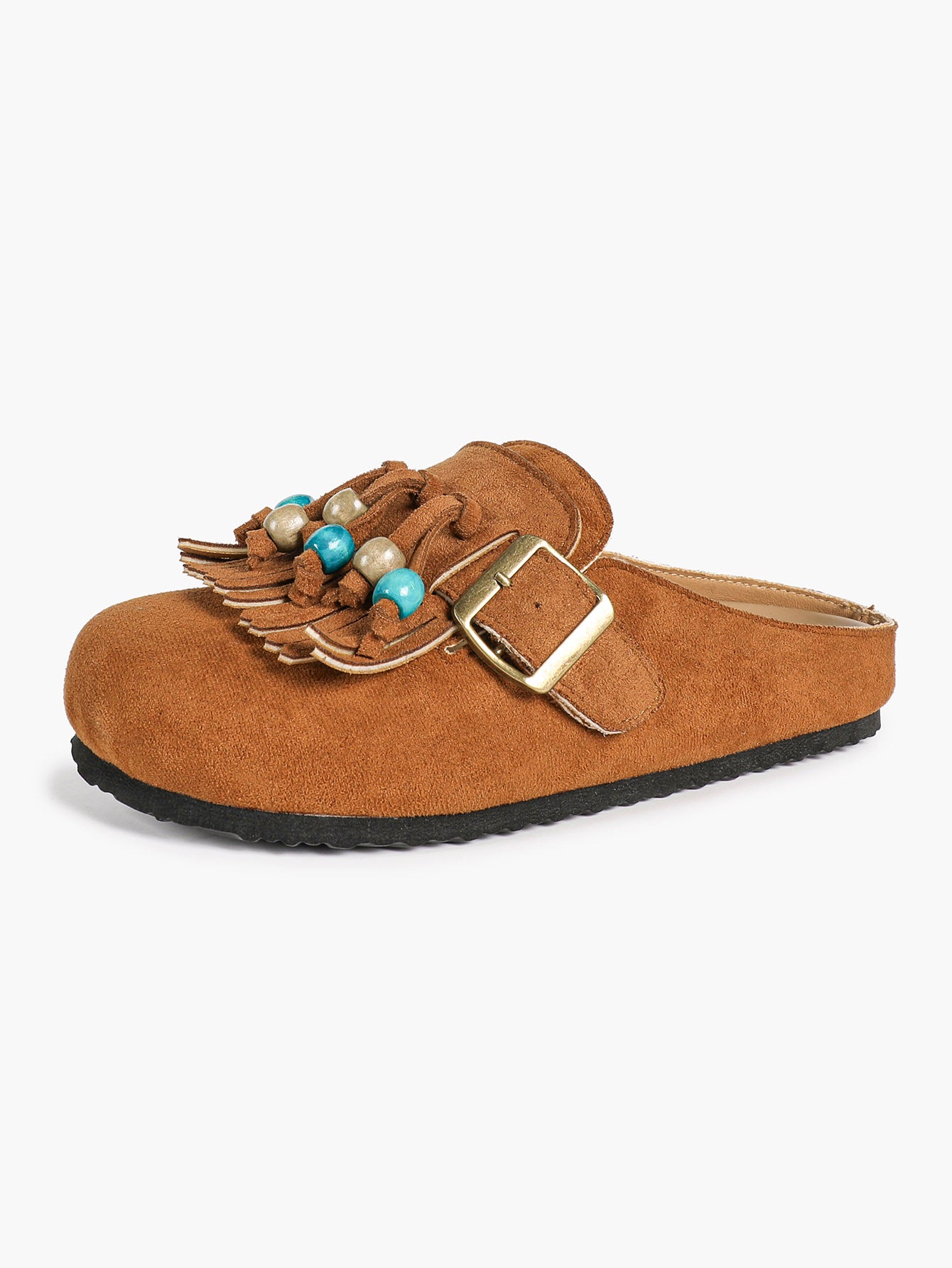 Women's Green Suede Tassel Bead Clogs Adjustable Buckle Casual Slip-On Birkenstock-Style Shoes
