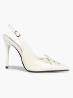 White Patent Leather Bow Slingback Heels Pointed Toe Stilettos Bridal Office