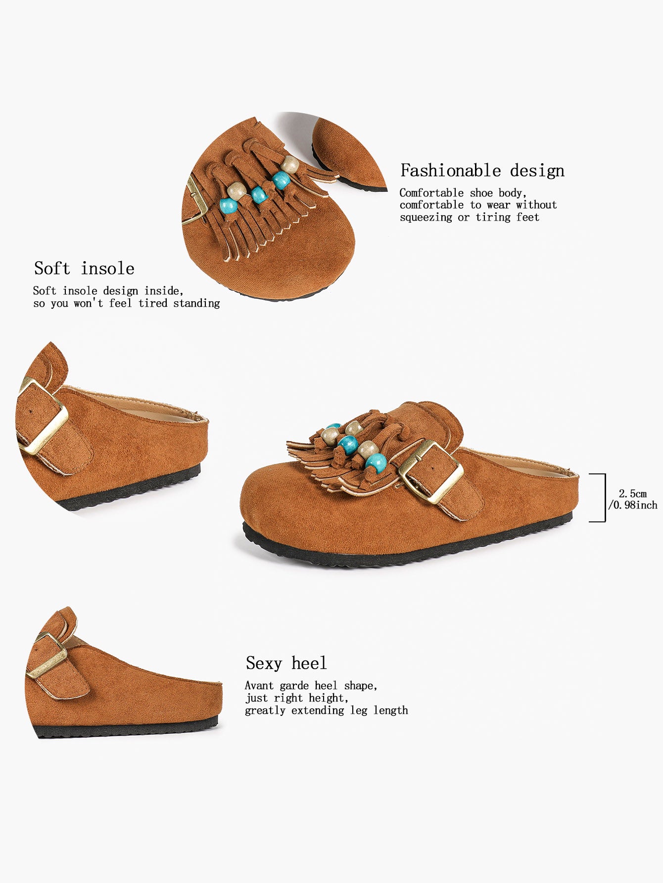 Women's Green Suede Tassel Bead Clogs Adjustable Buckle Casual Slip-On Birkenstock-Style Shoes
