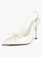 White Patent Leather Bow Slingback Heels Pointed Toe Stilettos Bridal Office
