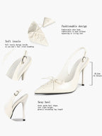White Patent Leather Bow Slingback Heels Pointed Toe Stilettos Bridal Office