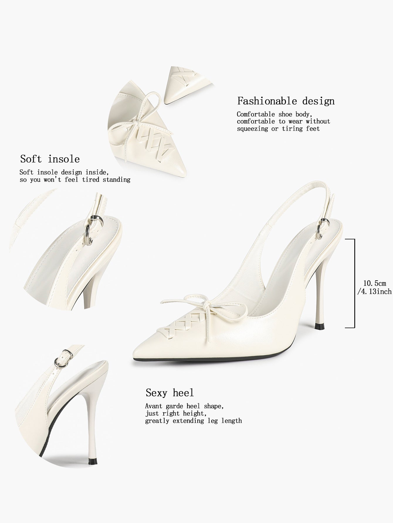 White Patent Leather Bow Slingback Heels Pointed Toe Stilettos Bridal Office