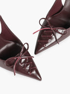 White Patent Leather Bow Slingback Heels Pointed Toe Stilettos Bridal Office