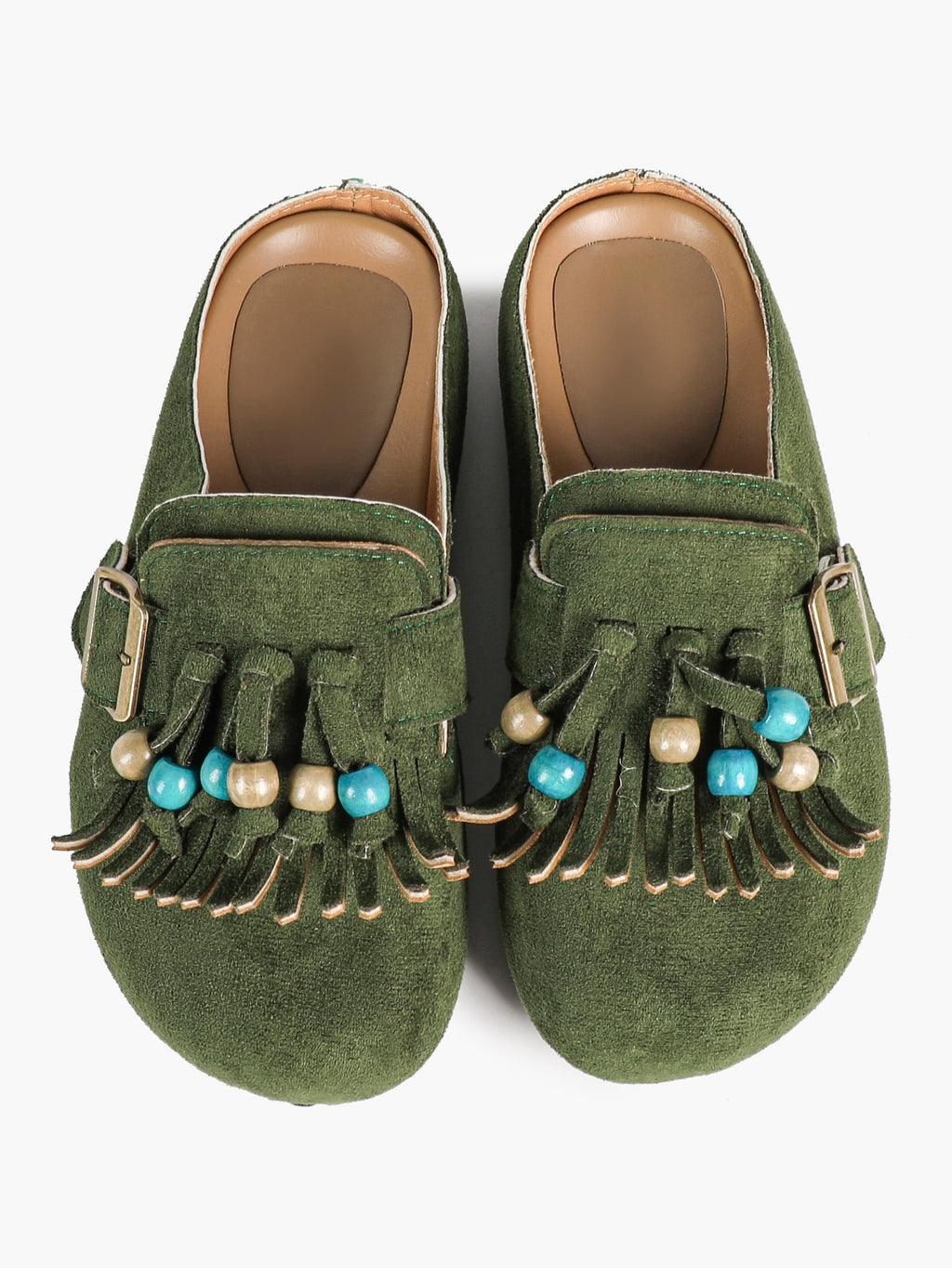 Women's Green Suede Tassel Bead Clogs Adjustable Buckle Casual Slip-On Birkenstock-Style Shoes