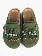 Women's Green Suede Tassel Bead Clogs Adjustable Buckle Casual Slip-On Birkenstock-Style Shoes